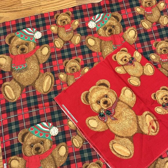Vtg Wamsutta OTC Hallmark Christmas Teddy Bears Appliques Panels Cotton Fabric - Picture 1 of 11